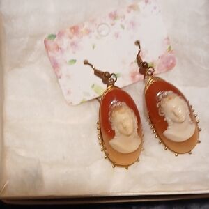 CAMEO Fish Hook Earrings Goldtone NWOT